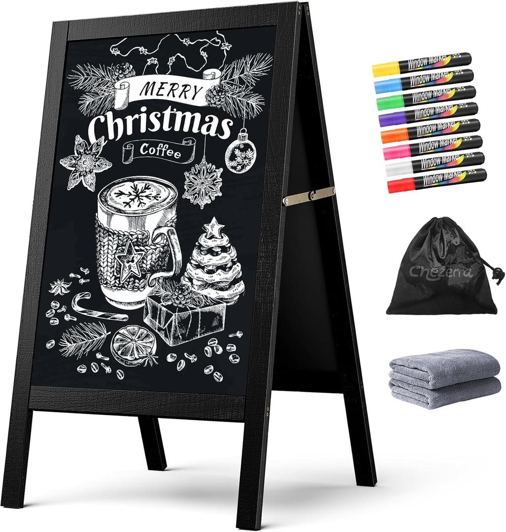 A Frame Chalkboard Sign, 40"x20" Extra Large Sidewalk Chalk Board, Wooden Standing ChalkBoards Set with Markers, Double-Sided Magnetic Blackboard for Cafs, Weddings, Party Guide, Black