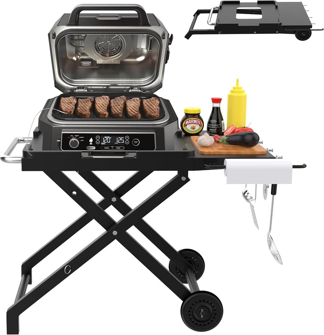 Folding Grill Stand for Ninja Woodfire Outdoor Grill Stand OG700 OG800 OG900 Series, Portable BBQ Stand Table for Ninja OO101 Woodfire Pizza Oven Also Fit Blackstone 17/22" with Hook, Wheels