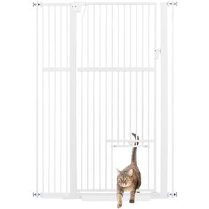 Unipaws 56" Tall White Pressure Mounted Dog Gate with Cat Door, 37-41" Wide, for Stair Doorway, Walk Through Pet Gate