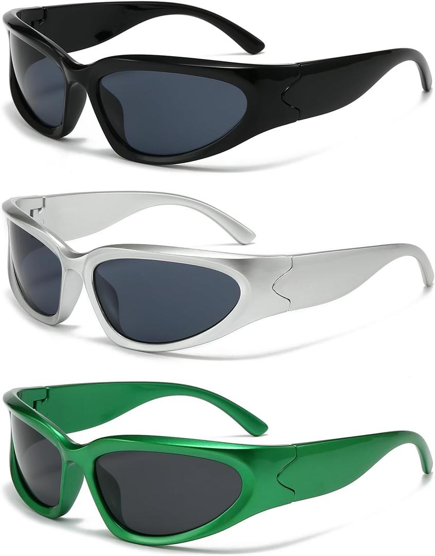 SOAR&EAGLE Y2K 3Pack Polarized sunglasses Wrap Around Men's Women's sunglasses Fashion Sport Shades Sun Glasses (Silver framed gray flakes, Black framed gray flakes, Green frame gray sheet)