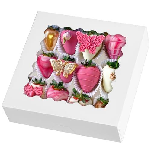 9" x 9" x 2.5" Pie Boxes, 20 Pack Auto Pop-up Chocolate Covered Strawberry Boxes White Bakery Boxes with Window for Cookies, Treats, Pastry, Breakable Heart, Donuts, Muffins