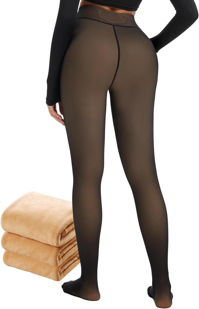 Fleece Lined Tights Women 300G Thick One Line Thermal Winter Warm Translucent Black Sheer (Small)