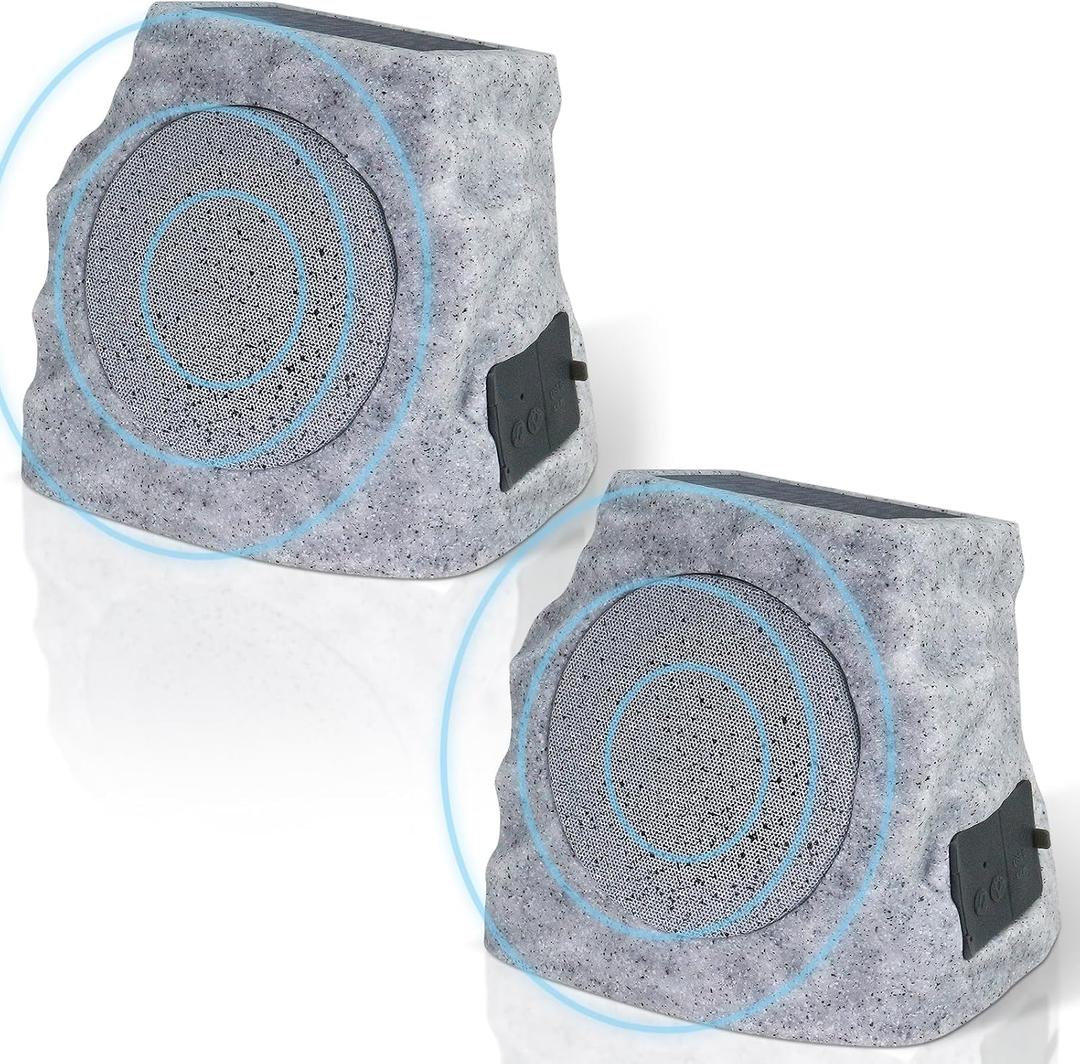GGII 2Pack Solar Powered Rock Speakers Outdoor WaterResistant with 3 Mode Lights and Pair Function USB Rechargeable for Patio Garden Party Pool Outside(Two)