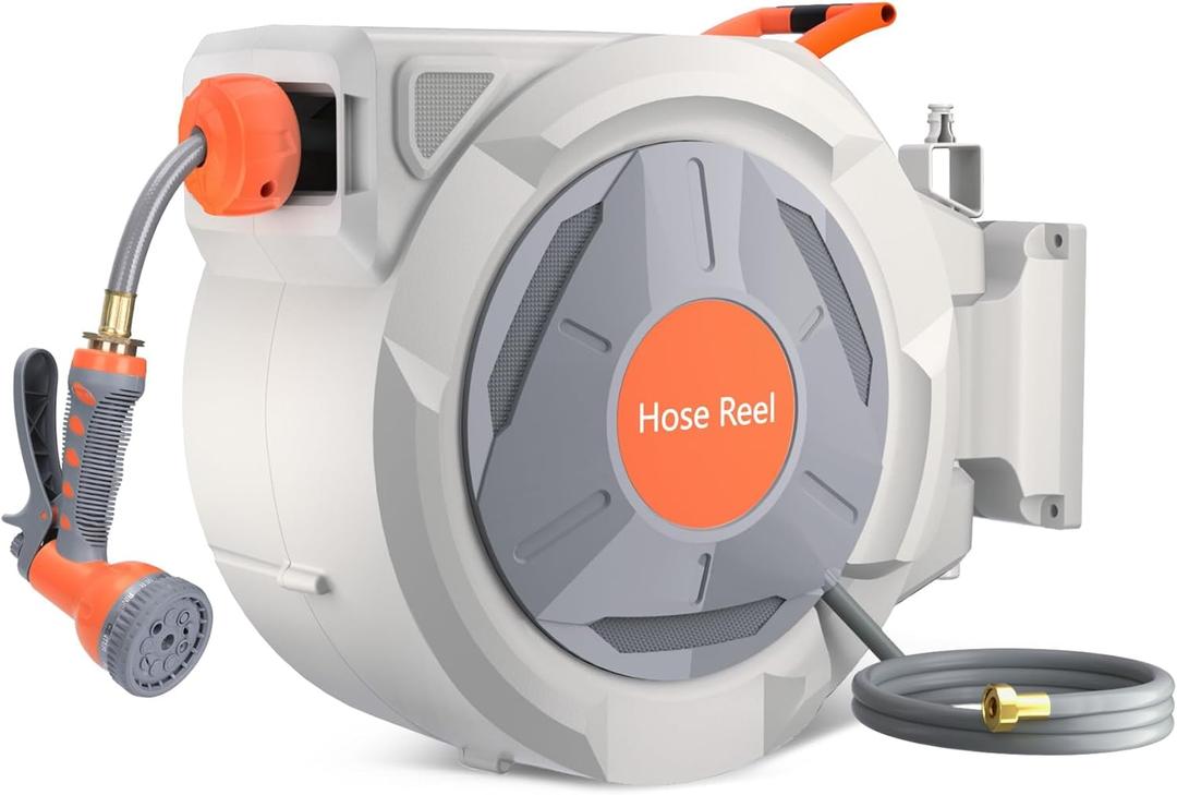 CABIHIOME Retractable Garden Hose Reel 5/8" x 65Ft - Wall Mounted with 9-Function Nozzle, Adjustable Length Lock & 180 Swivel Bracket, Automatic Rewind, Home Yards, Grey-65Ft