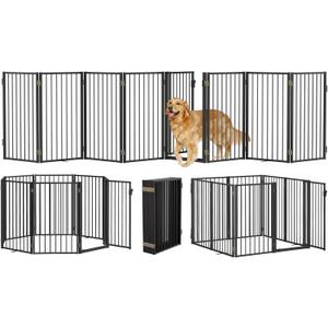 Metal Freestanding Dog Gates with Door for Outdoor Indoor,160'' Extra Wide 32'' Tall Free Standing Dog Gate for Doorways,Large Openings,Deck,Yard,Porch,Foldable Pet Fence(Black,8 Panels)