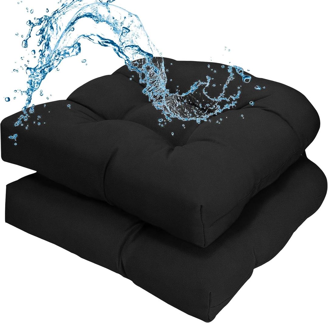Patio Outdoor Chair Cushions Set of 2 Waterproof 19.5" x 19.5" x5" Outdoor Wicker Chair Cushion with Thick PP Cotton Resistant Patio Furniture Pads for Indoor & Outdoor Wicker Chair Cushion, Black