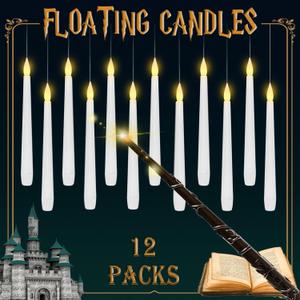 Lezonic Floating Candles with Wand Remote, Set of 12 Christmas Tree Candles, Magic Flameless Candles Battery Operated, Flikering Hanging LED Taper Candlesticks Halloween Xmas Decorations, 0.51" x 6.7"