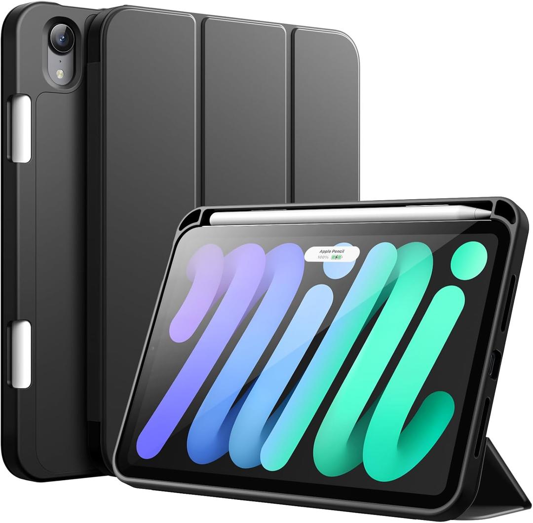 JETech Case for iPad mini (A17 Pro, 2024 Model, 7th Generation) / mini 6 (2021 Model, 6th Generation), Slim Tablet Cover with Soft TPU Back, Auto Wake/Sleep (Black)