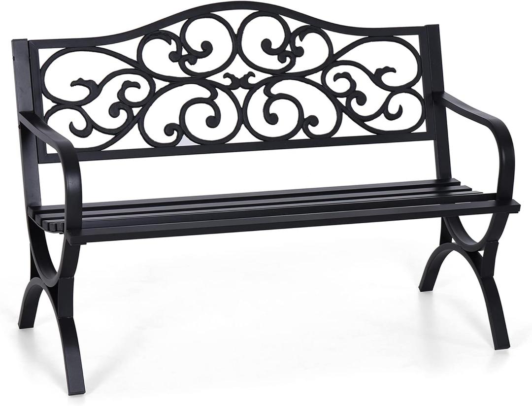 Sophia & William 50" Outdoor Garden Bench Patio Park Bench, Cast Iron Metal Frame Furniture with Floral Design Backrest for Porch Yard Lawn Deck, Black