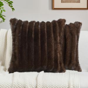 FUTEI Dark Coffee Decorative Throw Pillow Covers 26x26 Inch Set of 2,Soft Fluffy Faux Mink Fur Dyeing Striped Textured Euro Pillow Shams,Modern Home Decor for Couch Bed Living Room, Brown