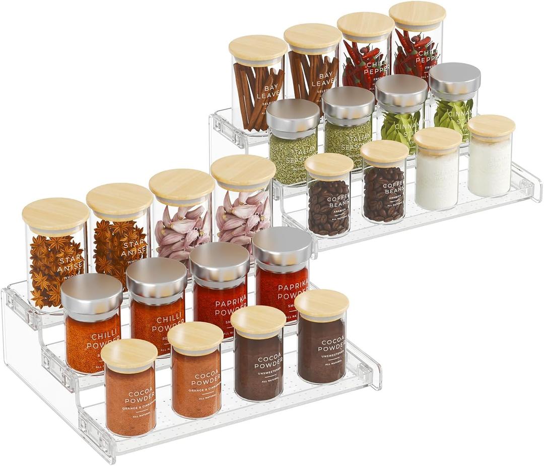 Lifewit Plastic 2 Pack 3-Tier Spice Rack, Clear Spice Organization for Cabinet, Counter, Organizer Shelf for Condiment, Seasoning, Syrup, Liquor, Medicine and Perfume for Kitchen, Pantry, Bar, Bath