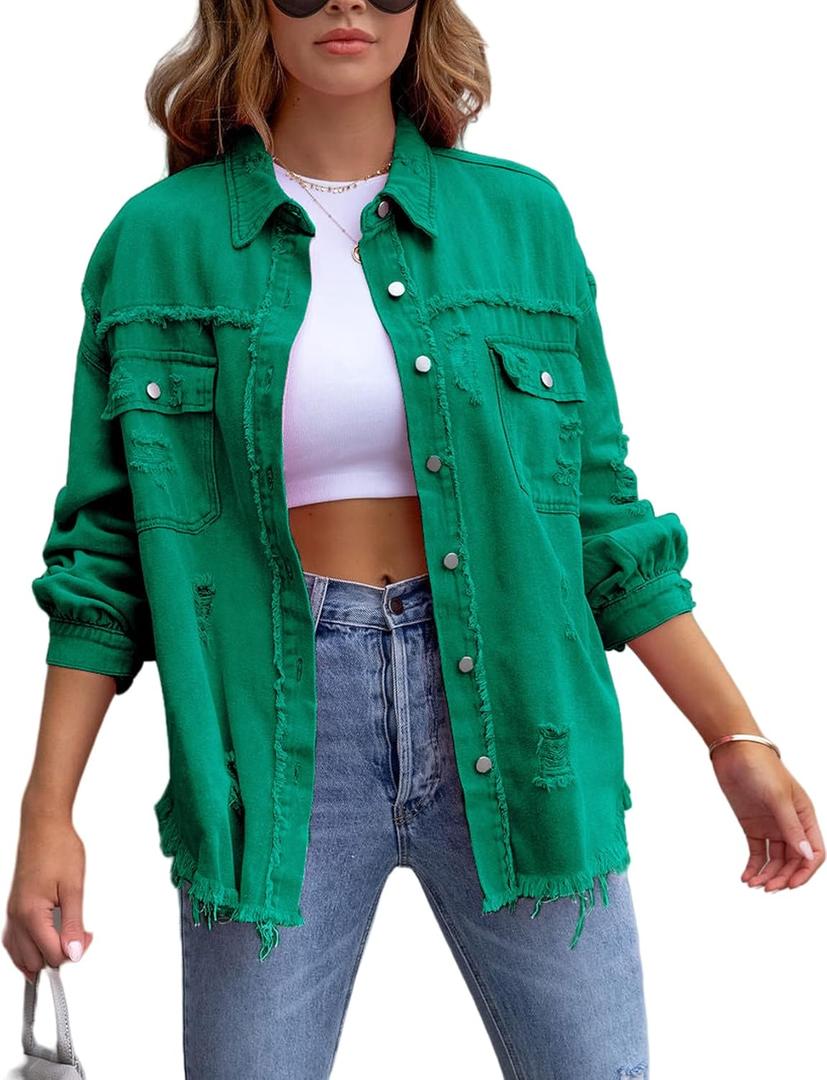 Perbai Womens Oversized Ripped Denim Jacket Frayed Hem Button Front Boyfriend Jean Coat Western Shacket with Pockets (Medium, Green)