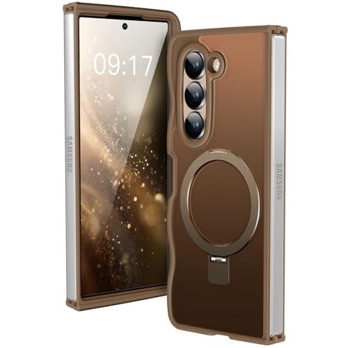 KMAMBAG [Magnetic Stand & Wave Frame] Case for Samsung Galaxy Z Fold 6 [Fit for MagSafe] [Military Drop Protective] Not Yellowing Translucent Z Fold 6 Phone Ring Cover for Women Men 7.6" Desert Gold