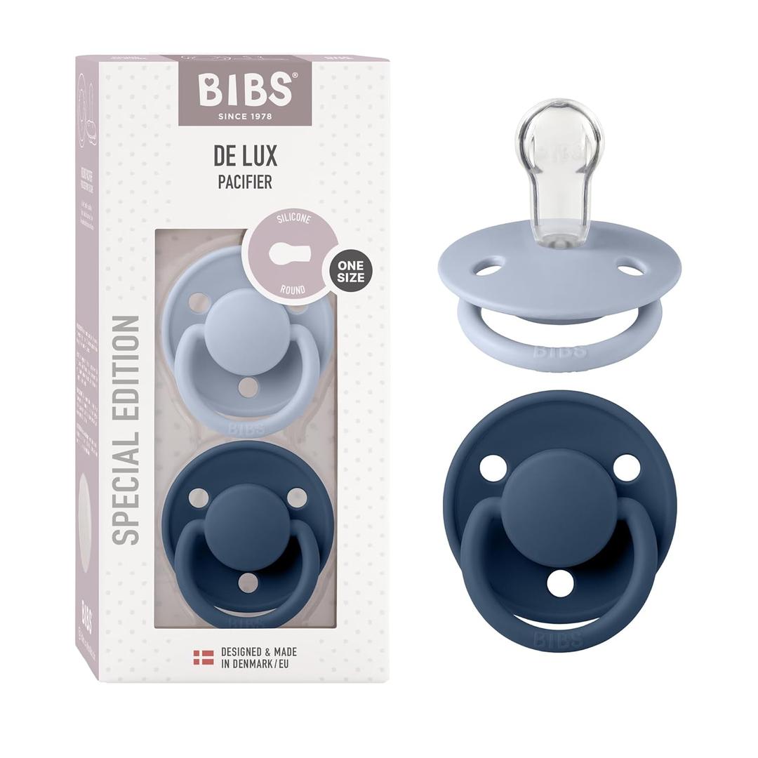 BIBS Pacifiers OneSize | 2-Pack Soothers | BPA-Free Symmetrical Nipple | Made in Denmark | Dusty Blue/Steel Blue De Lux Pacifier (One Size | 0-36 Month)
