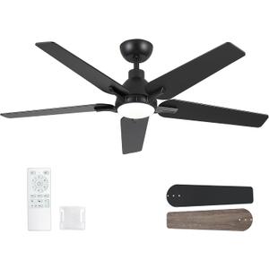 52 Inch Ceiling Fans with Lights and Remote, Black Modern Ceiling Fan for Bedroom, Living Room, Dining Room, Patio, LED Dimmable 6 Speeds DC Quiet