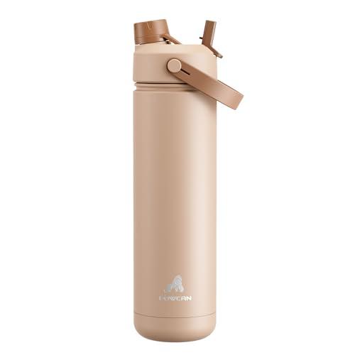 POWCAN 26 oz Insulated Water Bottle with 2-in-1 Straw and Spout Lid, Keep Cold 24H, Leak-Proof, Fits in Car Cup Holder, Stainless Steel Water Bottle for Sports, Travel, Gym, and School (Mocha)