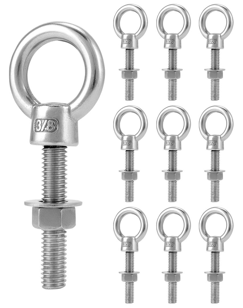 QWORK Threaded Eyebolts, 10 Pack 3/8" x 2" Long 304 Stainless Steel Marine Grade Shoulder Eye Bolt