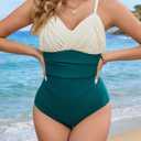 Women V Neck Tummy Control Ruched One Piece Swimsuit | Color Block Design, Adjustable Straps, Removable Padded Cups, Quick-Dry Stretch Fabric, Modest Coverage, for Beach, Pool (S)