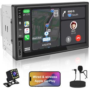Double Din Car Stereo Wireless CarPlay Wireless Android Auto, 7 in 2+32G Android Touchscreen Car Radio Audio Receiver with Bluetooth/WiFi, Rearview Camera,AM/FM, Type C Fast Charge, USB/SWC/AUX (7 Inch)