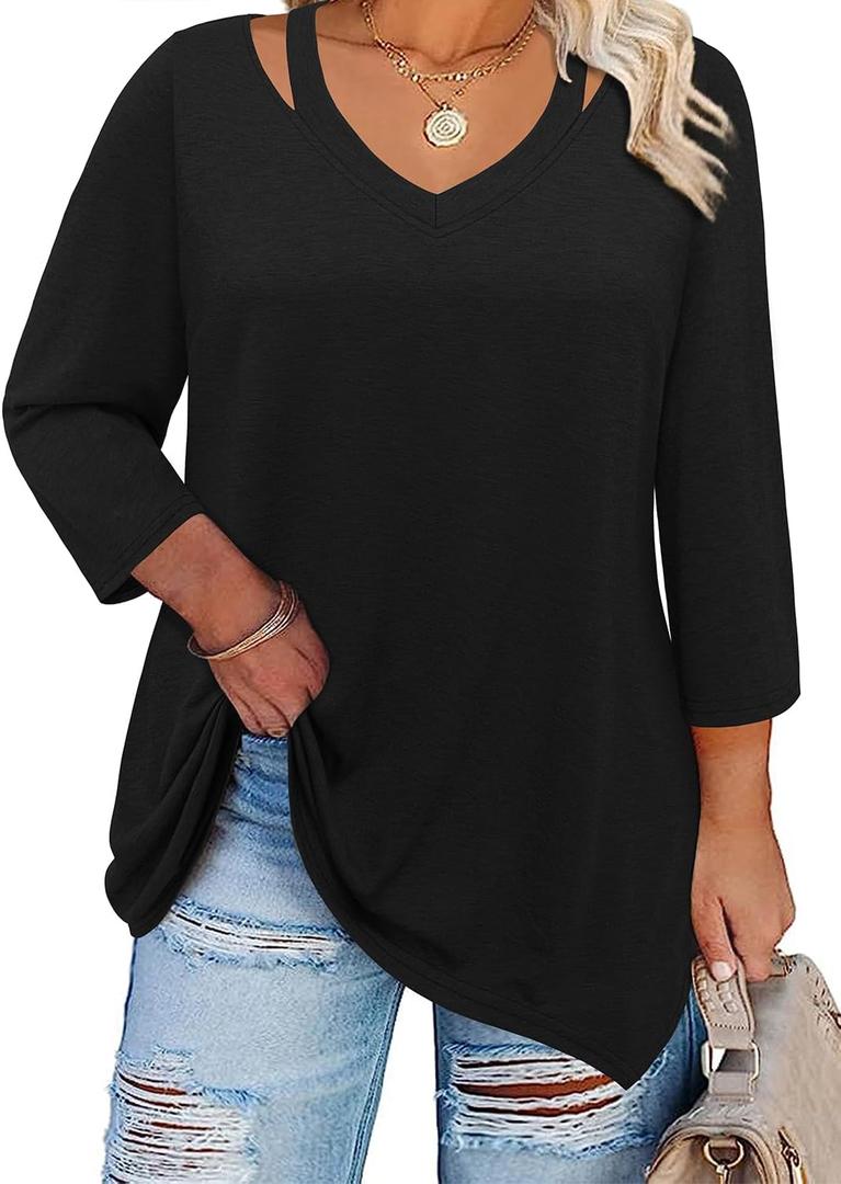 Amrto Plus Size Shirts for Women 3/4 Length Sleeve Tops Cotton Loose Fit Dressy Cut Out V Neck Tunic with Leggings, (2XL)