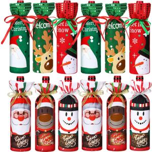 12 Pieces Christmas Bottle Bags - Sweater Dress Sleeve, Burlap Santa Covers, Plaid Drawstring Bags for Xmas Dining Table Decor (Bright Color, Santa Claus)