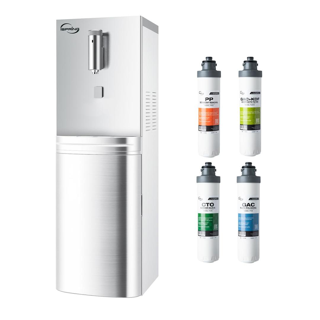 iSpring DSBL4 Dual-Source Water Cooler Dispenser – Bottom Loading & Direct Line, 4-Stage Water Filter, Hot / Cold / Room Temp