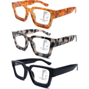 3 Pack Progressive Multifocal Reading Glasses for Women Retro Square Multifocus Readers Blue Light Computer Glasses (Black &Yellow Tortoiseshell & Beige Tortoiseshell)