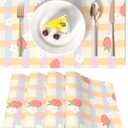 LilyCat Faux Leather Placemats Set of 4, Waterproof Oil-Proof Dining Table Mats for Kitchen, Indoor & Outdoor Heat Resistant Wipeable PU Place Mats, 18 12, Strawberries and Small Flowers