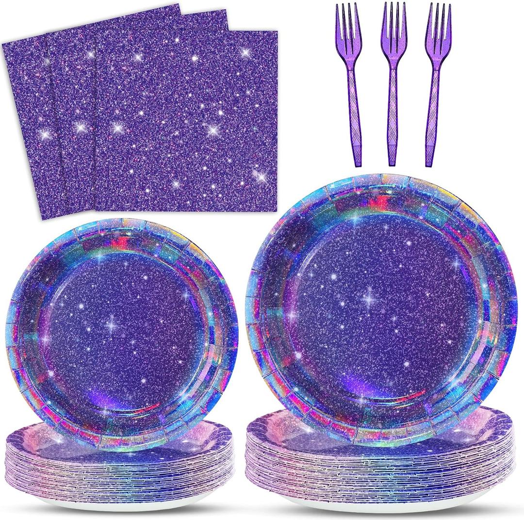 100Pcs Purple Glitter Party Decorations Demon Purple Sparkling Holographic Laser Paper Plates Napkins Disposable Tableware Set for Hunters Birthday Wedding Disco Bachelorette Party Supplies Serves 25