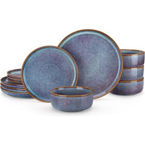 vancasso PLAYA Plates and Bowls Sets, 12 Pieces Grey-Blue Dinnerware Sets for Kitchen, Reactive Glaze Dishes Set for 4, Dishwasher and Microwave Safe
