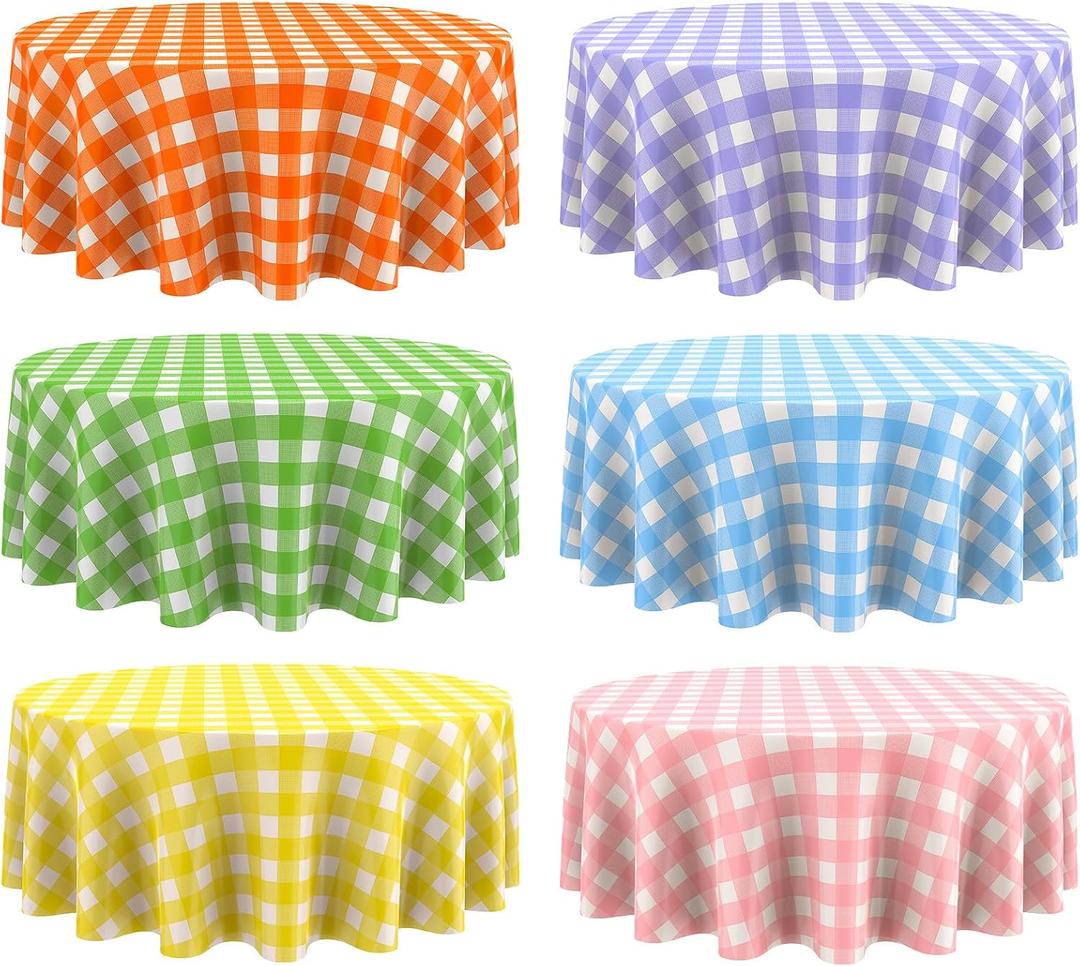 Remagr Disposable Checkered Tablecloth Round Plastic Buffalo Plaid Table Cloth 84'' Gingham Tablecover for Picnic Camping BBQ Graduation Party(Multicolor,6 Pieces)