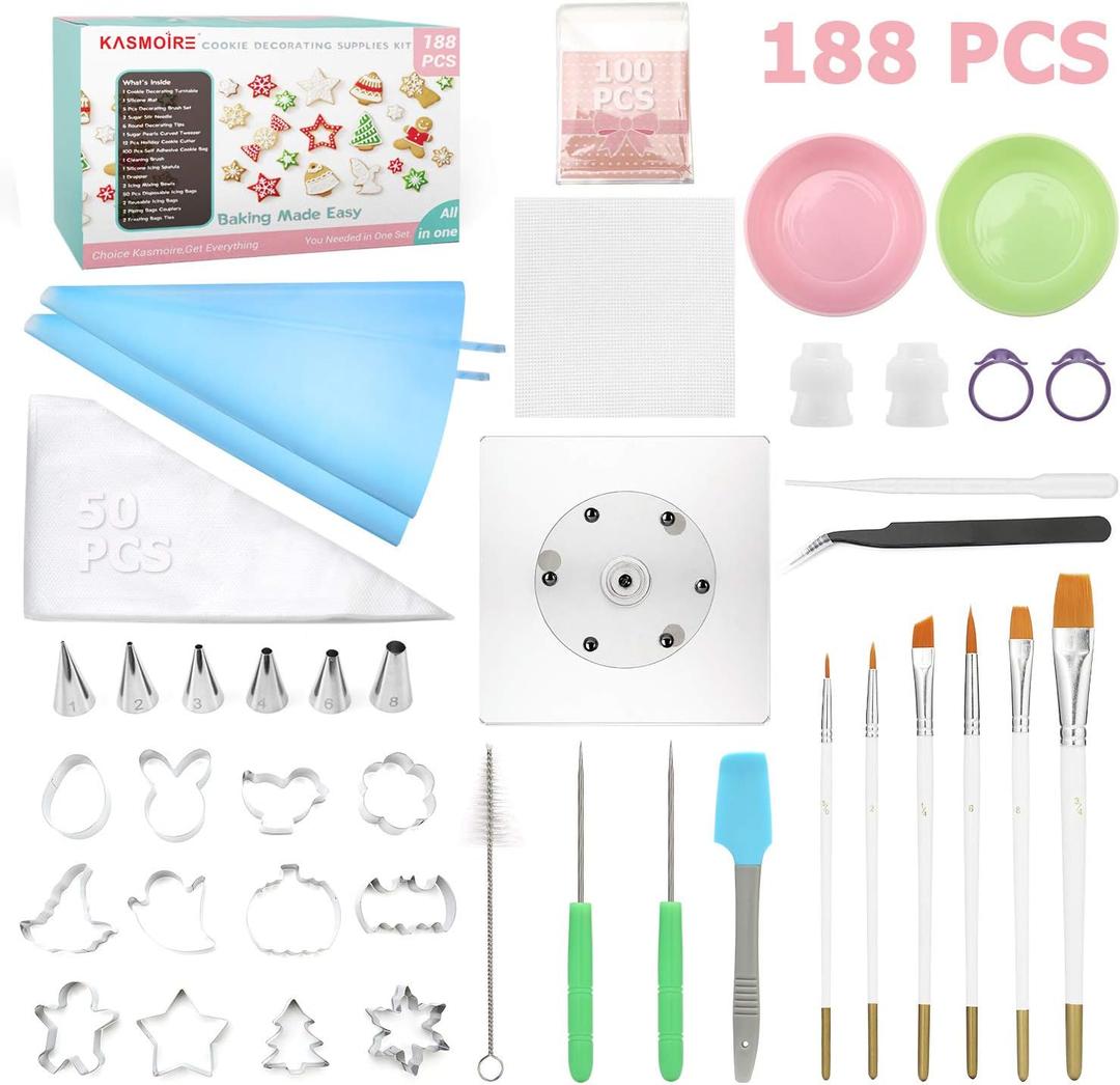 Kasmoire 188pcs Cookie Decorating Supplies Kit(ALL-IN-ONE),with 12pcs holiday cookie cutter,Mixing Tools,Piping Tools,Decorating Tools and 100pcs Cookies Bags for Beginners and Decorator
