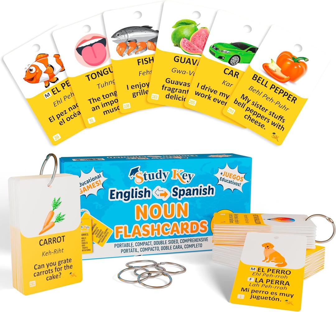 300 Vocabulary Flashcards | Double Sided English-Spanish Flash Cards for Adults & Kids Ages 12+ | Portable Noun Flash Cards to Learn Spanish for Adult Beginners