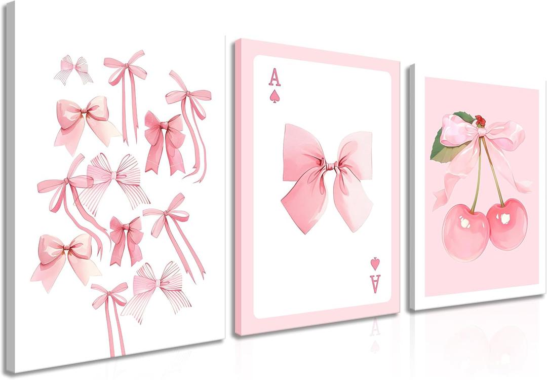 Trendy Pink Bows Canvas Wall Art Set of 3, Vintage Preppy Cherry Posters Prints, Pink Girly Room Aesthetic Wall Decor Painting for College Apartment Living Room Bedroom 12x16 In Framed