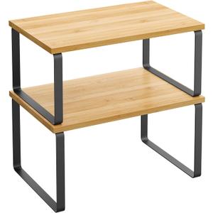SONGMICS Cabinet Organizer Shelf, Set of 2 Kitchen Counter Shelves, Kitchen Storage, Spice Rack, Stackable, Expandable, Metal and Engineered Wood, Ink Black and Natural Beige UKCS02NB
