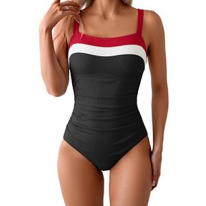 Women's Ribbed One Piece Swimsuits Color Block Tummy Control Bathing Suit Slimming 1 Piece Swimwear (Red-White-Black, Size L)