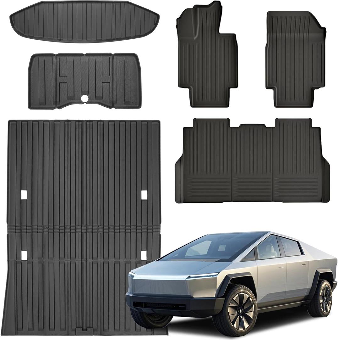 KUST Floor Mats & Bed Mat for Tesla Cybertruck 2023-2025, Custom Fit All Weather Floor Mats Cybertruck Accessories TPE Cargo Liners Heavy Duty, Full Set of 6