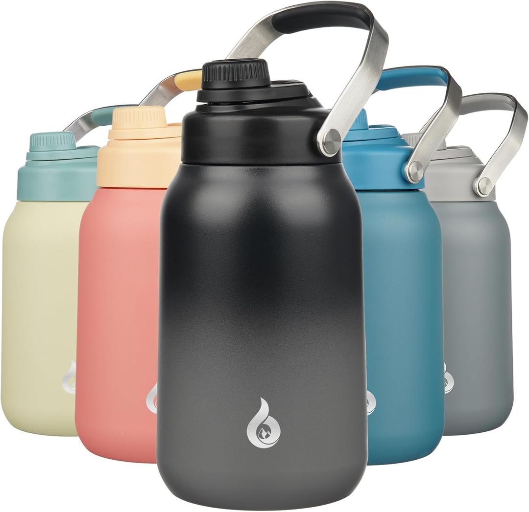 BJPKPK Half Gallon Insulated Water Bottles, 64oz Water Jug with Metal Handle & BPA Free Spout Lid, Dishwasher Safe Flasks, Large Stainless Steel Gym Sport Jugs, Black Grey