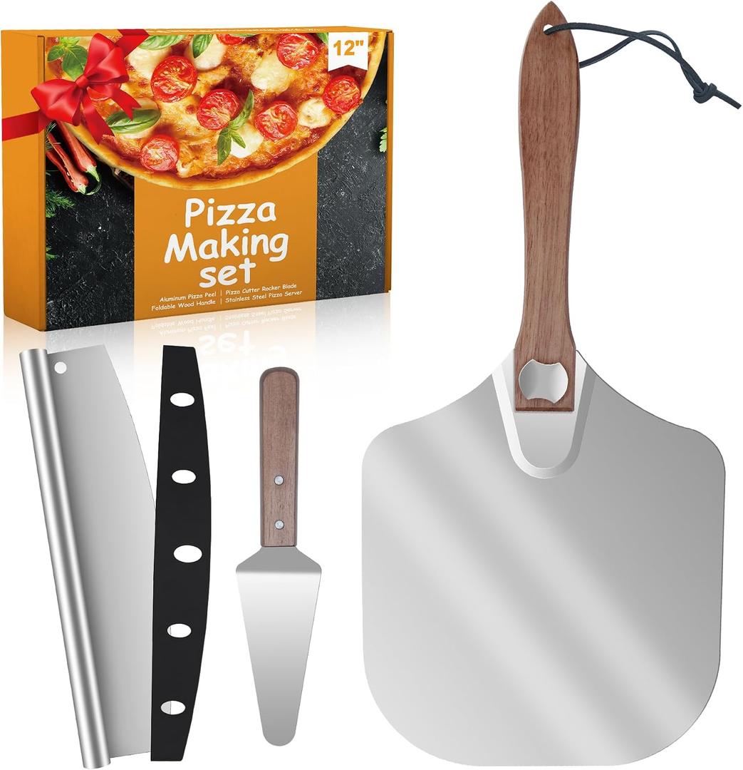 Pizza Peel Aluminum Pizza Spatula,14x 16" Metal Pizza Paddle with Foldable Wooden Handle,Pizza Rocker Cutter,Pizza Server,for Pizza Oven(Gift-Ready), 14in*16in