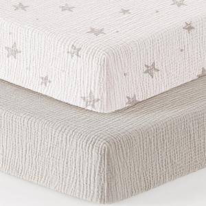 Bearmoss Muslin Mini Crib Sheets for Pack N Play Mattress - 100% Cotton - 38"x26" Soft Breathable Playard Baby Crib Sheets Neutral for Boys Girls - 2 Pack (White Star)