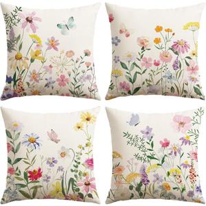 Artscope Spring Summer Floral Throw Pillow Covers 20x20 Inch Set of 4, Farmhouse Flower Butterfly Pattern Spring Decoration Pillow Cases for Sofa Bed Room Home Decor