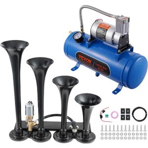 VEVOR 4 Trumpet Air Horn Kit, 150dB Train Horns for Pickup Trucks, 12V 120 psi Air Compressor 1.6 Gal/6 L Tank with Gauge for Any 12V Vehicle Car Truck Train Van Boat (Upgrade)