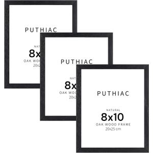 puthiac 8x10 Solid Oak Wood Picture Frame, Fits 6x8 with Mat or 8x10 Without Mat, Wall or Tabletop Display with Stand, Vertical or Horizontal, Plexi Front, 3 Pack, Black