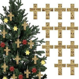 Syhood 36 Pcs Names of Jesus Christmas Ornaments Wood Cross Religious Christmas Ornaments Christian Nativity Hanging Tree Decorations with Savior Advent Religious Xmas Holiday Decor, 12 Styles