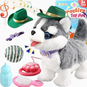 Walking Husky Barking Dog Toy for Child Kid Licking Talking Puppy with Leash, Interactive Puppy that Barks Tail Wagging Plush Robot Dog Singing Electric Pet Pretend Dress Up Christmas Boy Girl Gift