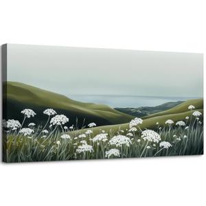 SLYCAY Large Neutral Coastal Landscape Wall Art for Living Room, White Flowers Meadow Green Seascape Oil Paintings, Nature Rustic House Decorations Bathroom Bedroom Office Artwork Pictures 29"X58"