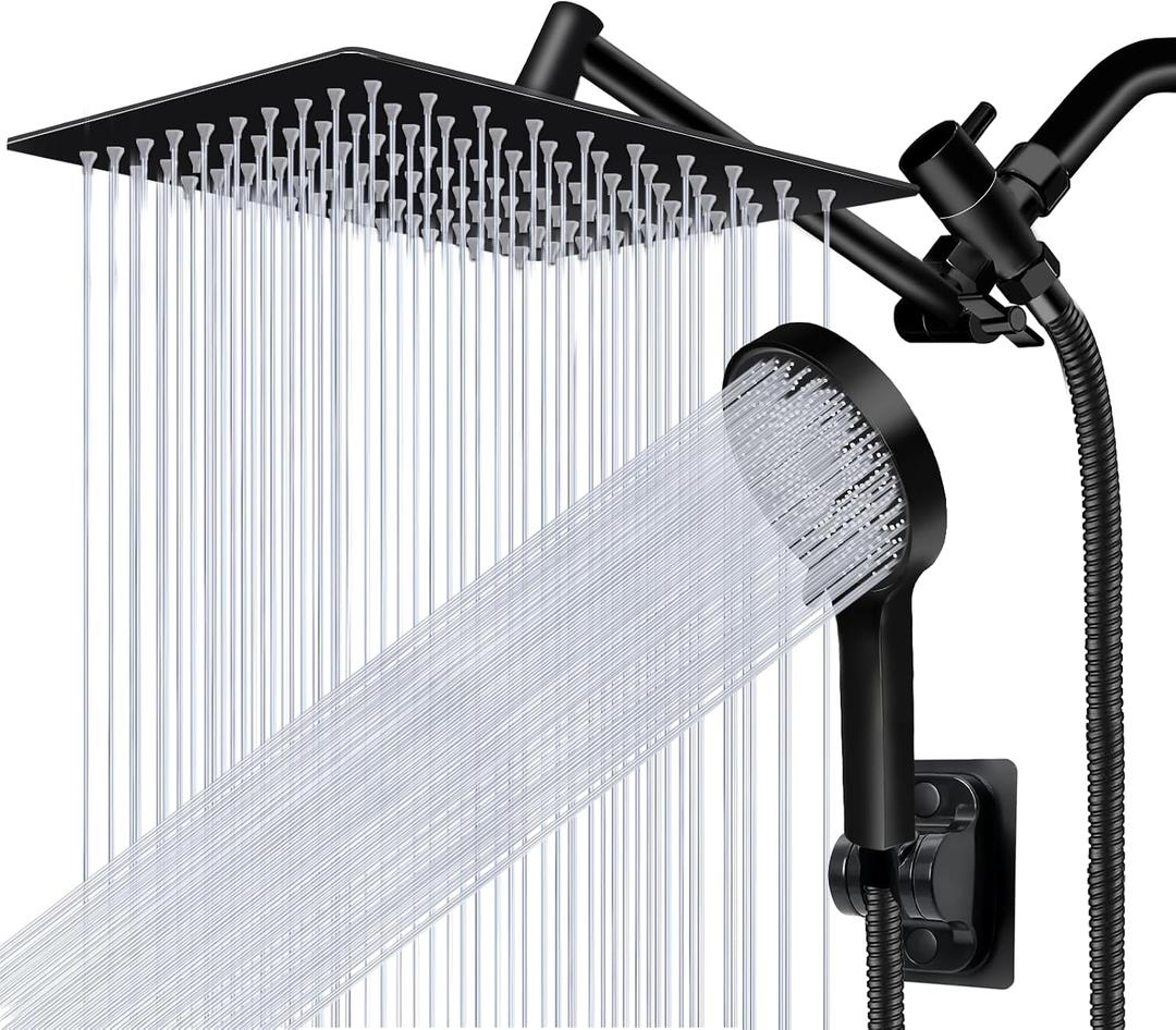 Shower Head,10Rain Shower Head with Handheld Spray Combo with 11'' Angle Adjustable Extension Arm/Flow Regulator/Shower System,High Pressure Rainfall Shower Head Clean Bathroom,Matt Black