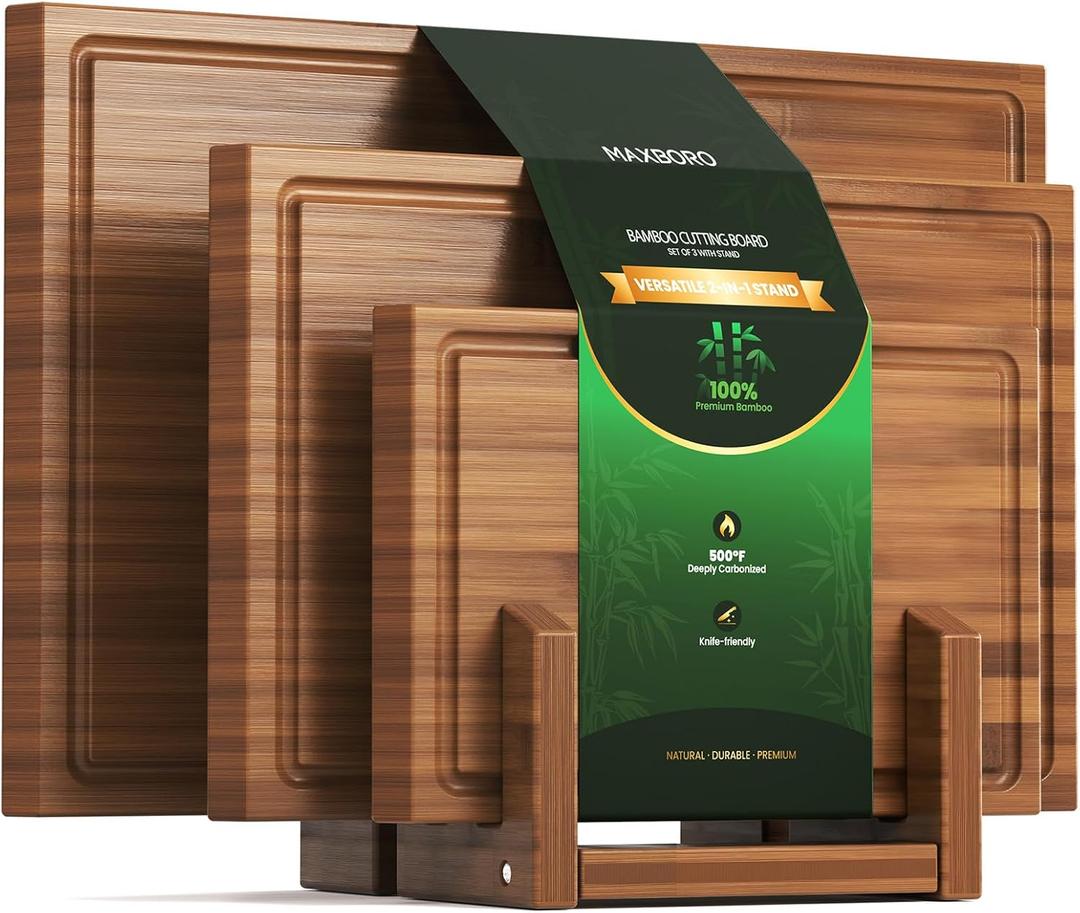 Bamboo Cutting Board Set with Stand, 3PCS Double-Sided Chopping Boards for Kitchen Meal Prep & Serving, Charcuterie, Juice Grooves & Side Handle, Ideal for Meat, Vegetables, Kitchen Essentials, Brown (14.9"L x 0.6"W)