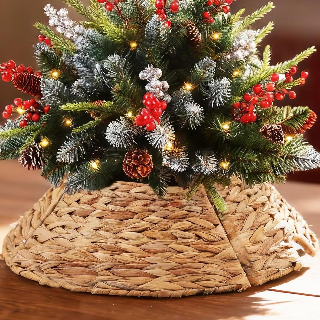 Mini 15 Inch Christmas Tree Collars - Woven Hyacinth Handmade 4-Piece Christmas Tree Base Covers with Prefabricated Opening for Small Space Christmas Base Decorations in Stairwells, Desks