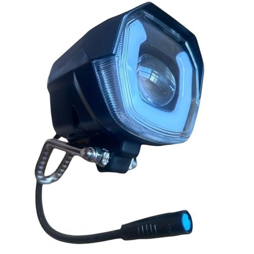 EBike LED Headlight with 75‑100db Loud Horn 4 Pin Female Connector Night Riding Front Light for 12-72 Volts Adult Electric Mountain Bike or Foldable Bike 30W Ultra-Bright Cycling Light